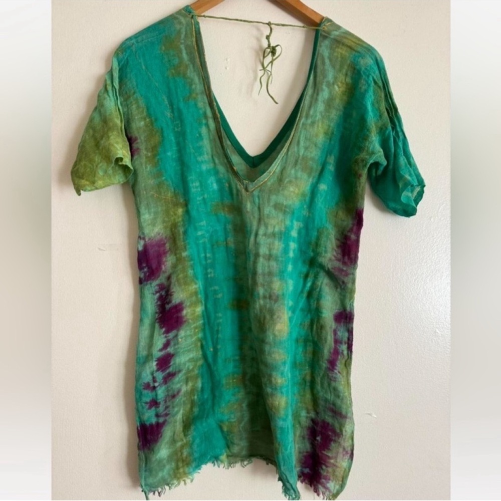 V-Neck Tie-Dye Tunic Top in Teal with Green & Purple Accents